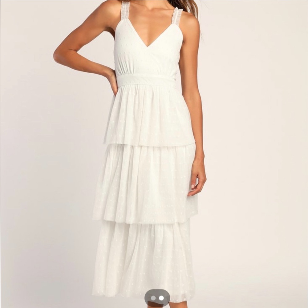 NWT Lulu's Tier Perfection White Swiss Dot Ruffled Midi Dress